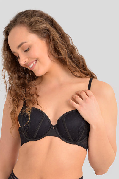 Black, Dot & Lace, T-shirt Bra, Underwired, Padded Cup, Polka Dot Mesh